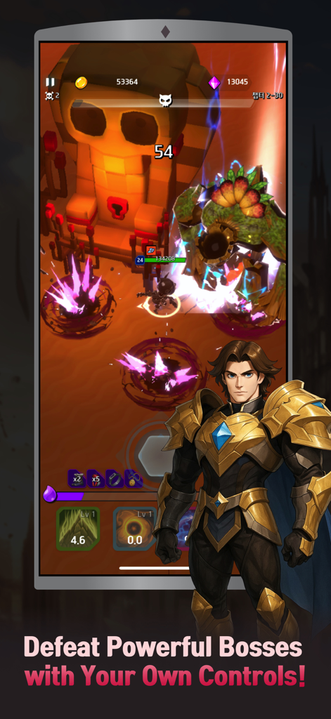 A knight in golden armor standing in front of a mobile screen showing an action RPG boss fight with flashy magic