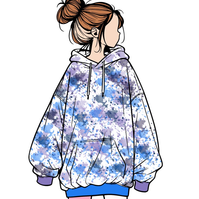 realistic girl with a oversized sweatshirt on and a bun