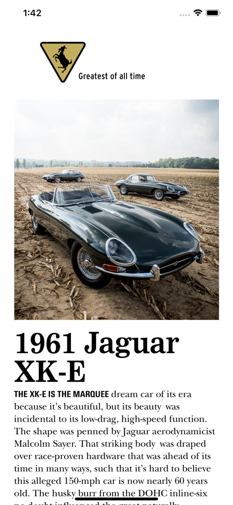 Car and Driver Magazine US - A classic 1961 Jaguar XK-E featured in a Car and Driver Magazine app article about iconic sports cars.
