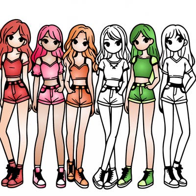 a group of girls wearing crop tops and shorts