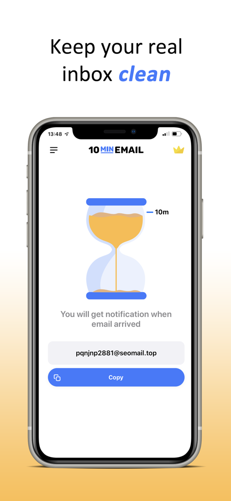 10 Minute Temp Mail app interface showing a temporary email address and hourglass timer to keep your inbox clean.