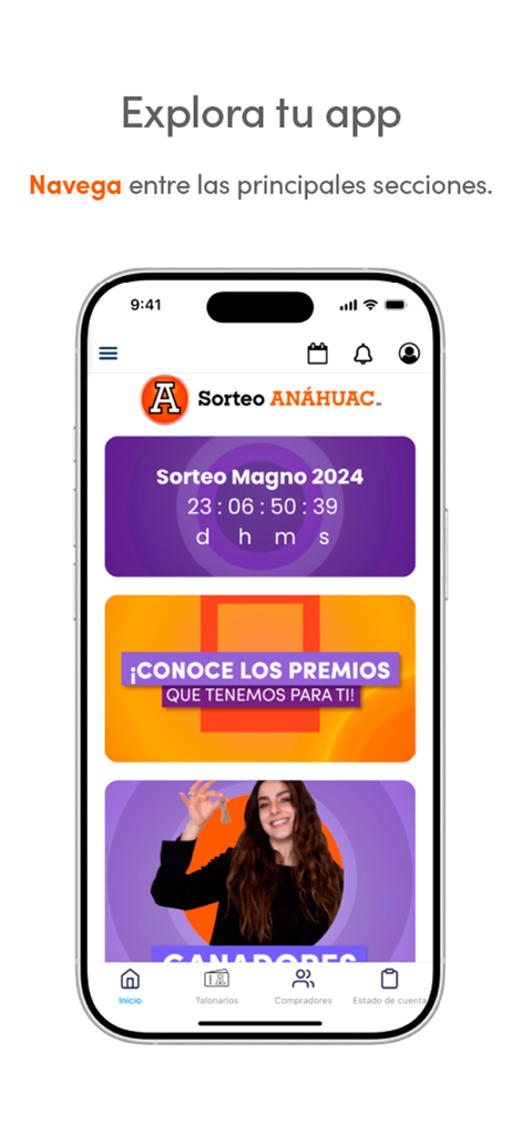 Hauptoberfläche der Sorteo Anahuac 2.0 App mit Tombola-Countdown und Preisinformationen