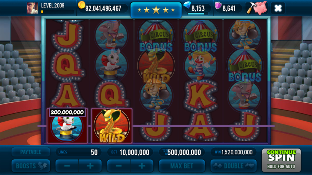 Miracle Circus Slots gameplay screen featuring circus animal symbols and slot machine reels.