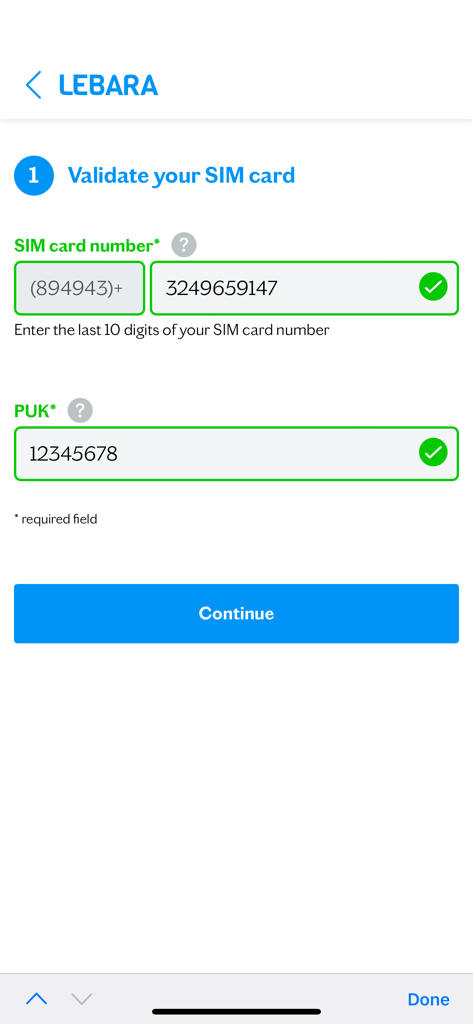 Lebara SIM Activation - Interfaz de la aplicación Lebara SIM Activation que muestra el paso de validación para introducir el número de tarjeta SIM y el PUK.