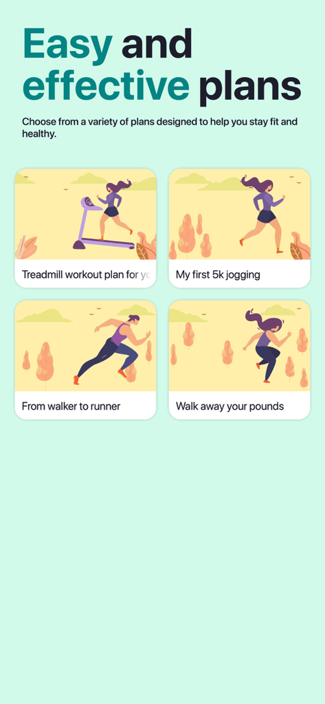 Una pantalla que muestra varios planes de entrenamiento de jogging y pérdida de peso para principiantes