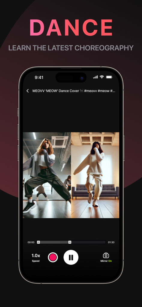 Kpop Pro: Karaoke & Dance - Mobile app screen for Kpop Pro showing a split-view dance tutorial with mirror mode enabled