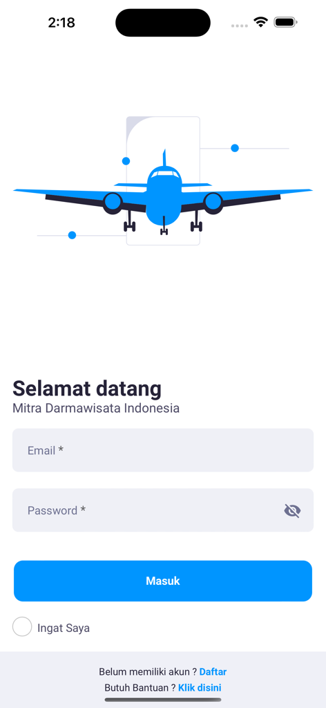 Darmawisata Indonesia - Login screen of the Darmawisata Indonesia travel app with an airplane graphic
