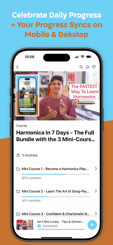 Learn Harmonica In 7 Days - Interface of the Learn Harmonica app showing daily progress bars and mini-course modules.