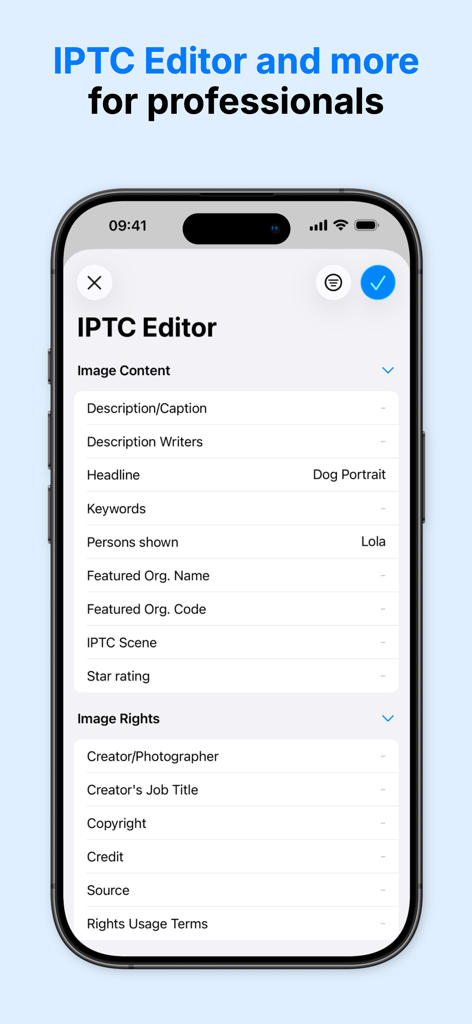 Exif Metadata Editor & IPTC - Smartphone screen displaying the IPTC Editor interface with image content and rights metadata fields