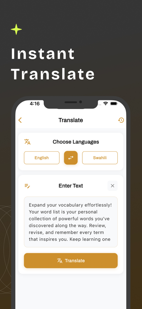 Interface of the Swahili English translator app showing the instant translation feature with English and Swahili language selection buttons.