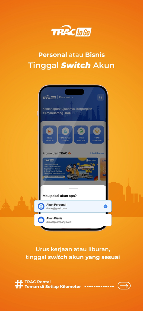 TRACtoGo: Rental Mobil & Bus - Interface do aplicativo TRACtoGo exibindo a opção de alternar entre contas pessoais e comerciais para aluguel de veículos.
