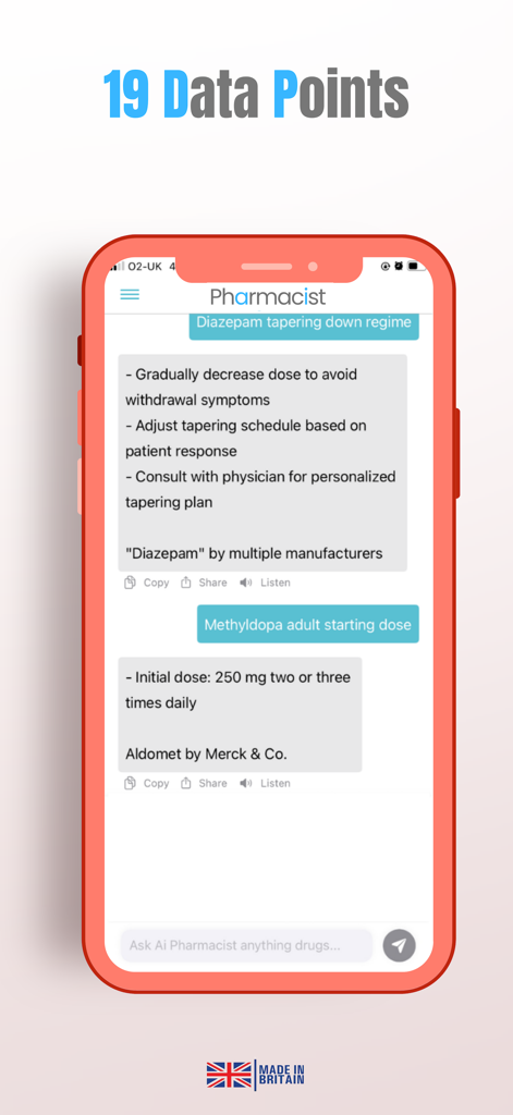 AI Pharmacist - AIファーマシストモバイルアプリのインターフェース。医療専門家向けの薬物漸減療法と投与量指示が表示されています。