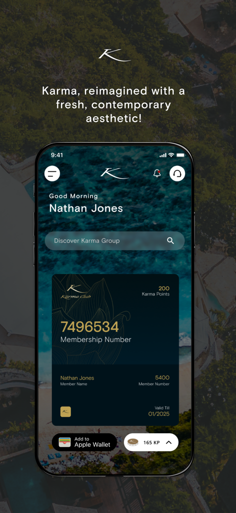 KARMA SUBITO - iPhone screen displaying the Karma Subito app dashboard with a digital membership card and luxury travel interface