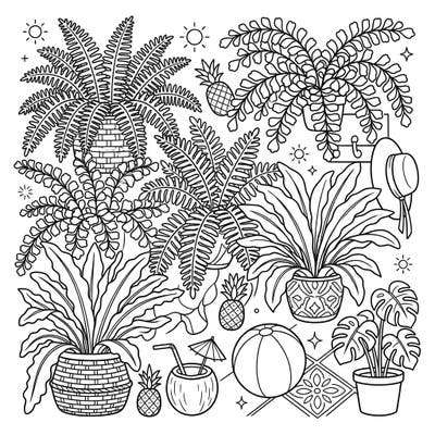 Dive into a vibrant summer escape with this delightful indoor ferns coloring page, bursting with tropical flair. Experience the joy of bringing lush greenery and sunny vacation elements to life with your favorite colors.