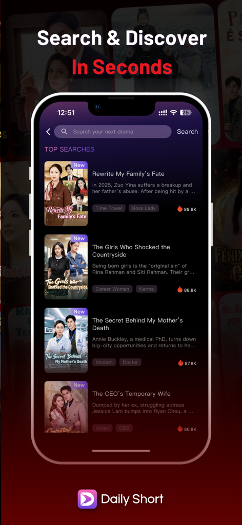 La interfaz de búsqueda de la aplicación DailyShort mostrando una lista de los minidramas y series cortas más populares.