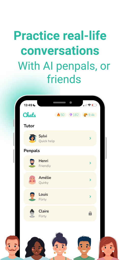 Smartphone screen showing the Sylvi app's AI penpal selection for language practice.