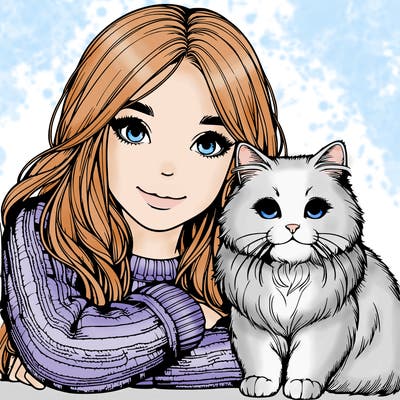 realistic girl with a beautiful realistic cat