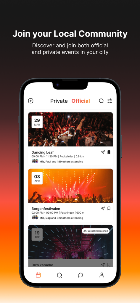 Connect App - Events Nearby - Smartphone screen showing the Connect App interface with a feed of official local community events and music festivals