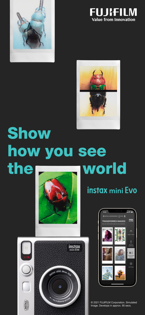 Appareil photo Fujifilm instax mini Evo et interface d'application smartphone montrant les images transférées et les photos imprimées.