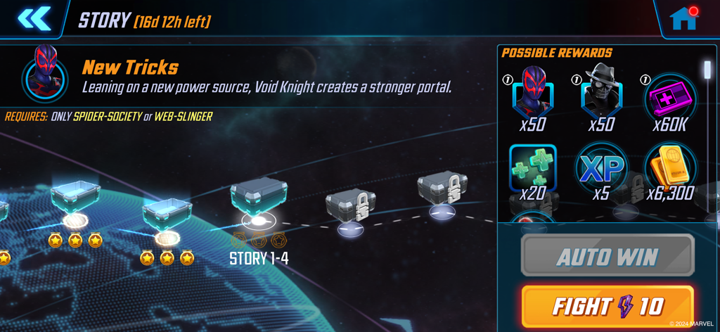 Marvel Strike Force story mode screen with mission rewards and combat options
