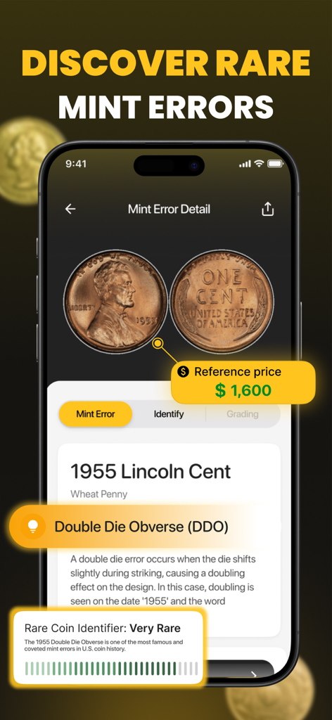 CoinSpot - Coin Value Scanner - Pantalla de una aplicación móvil que muestra un error de acuñación raro de un centavo de Lincoln de 1955 con su precio de referencia y estado de rareza.