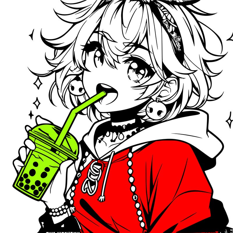 hot baddie anime girl drinking boba and biting the straw