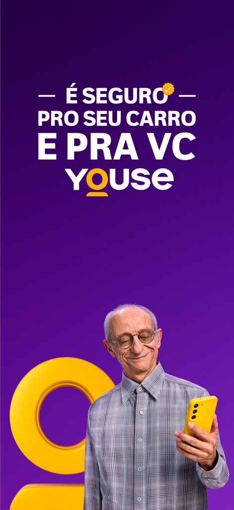 Smiling man looking at his smartphone with Youse Seguros branding