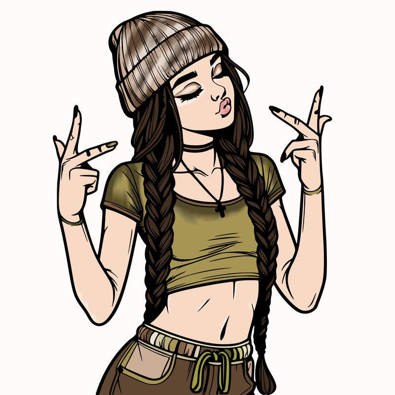realistic teenage girl with braids and a beanie and crop top doing 🫶🏼
