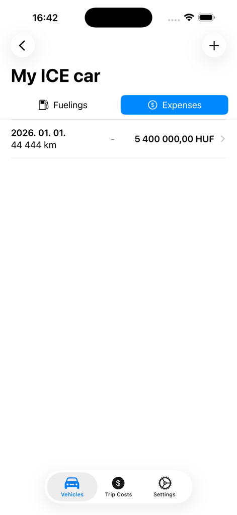 fuelcost.eu - Pantalla de la aplicación Fuelcost que muestra una lista de gastos del automóvil con kilometraje y costos.