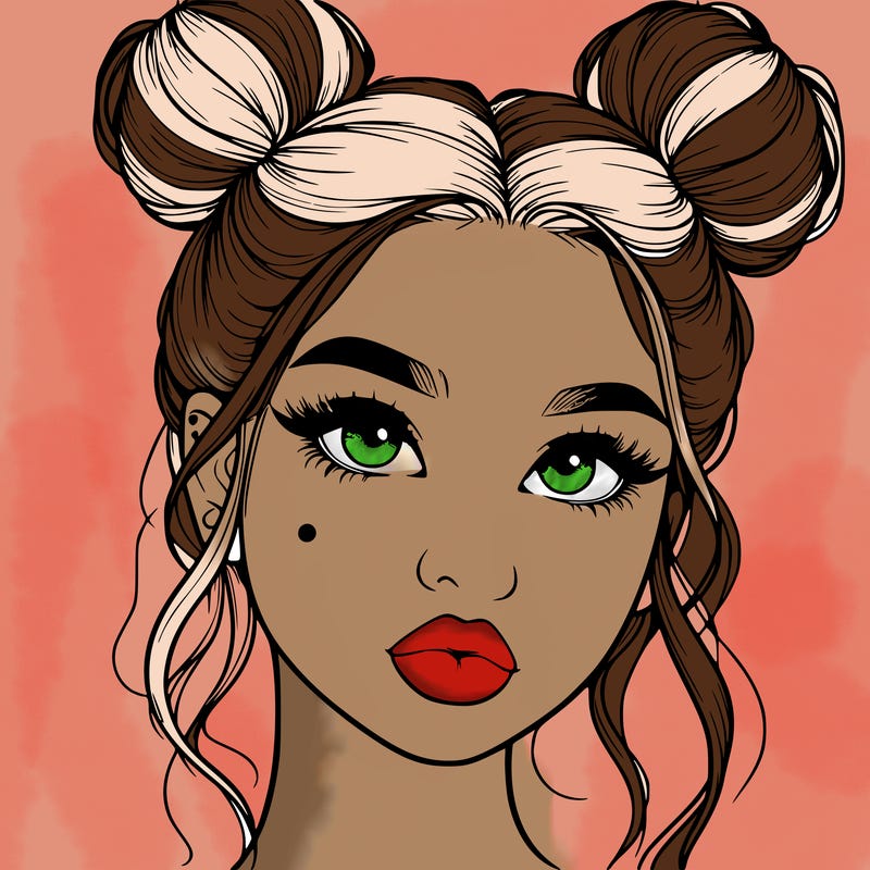 realistic girl with two buns on her hair and lips