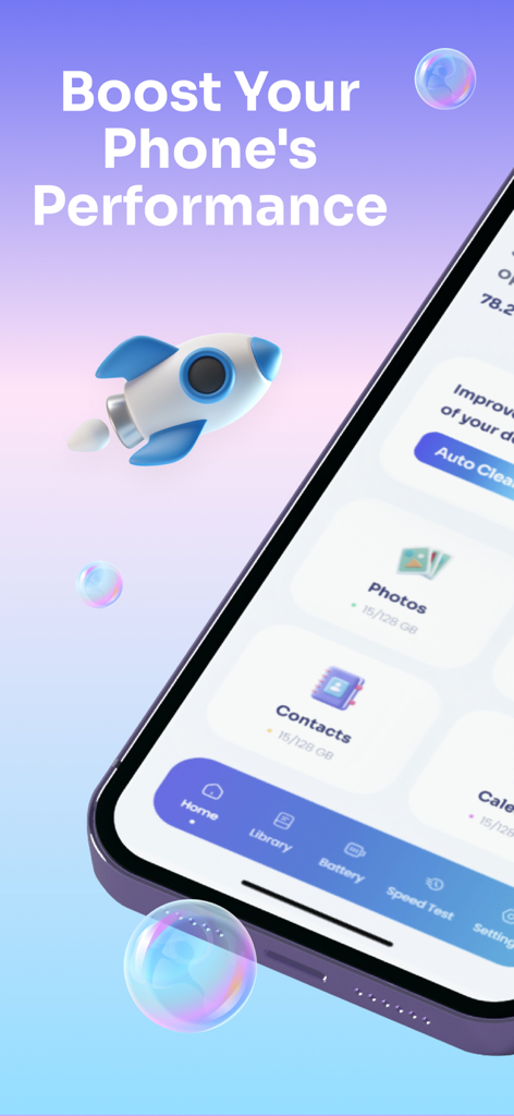 CleanApp Pro: Storage Cleaner - Interfaz de CleanApp Pro para potenciar el rendimiento del iPhone con un icono de cohete