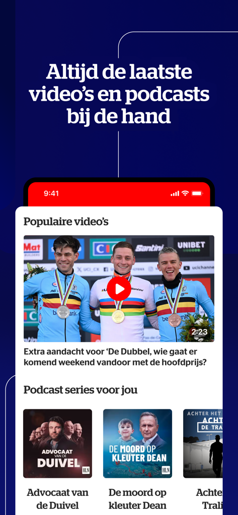 Pantalla móvil de la aplicación HLN que muestra videos de noticias populares y podcasts destacados.