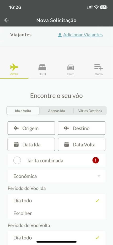 Interface do aplicativo Lemontech para reserva de voo corporativo mostrando campos de origem e destino