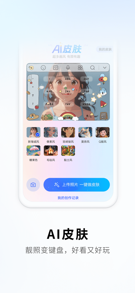 Sogou Input Method app interface showing AI skin customization options for the keyboard background with anime and artistic styles