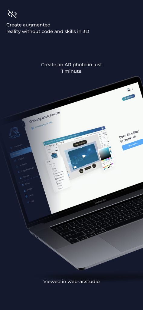 AR Studio Viewer - A laptop displaying the AR Studio web editor interface for creating augmented reality content without coding.