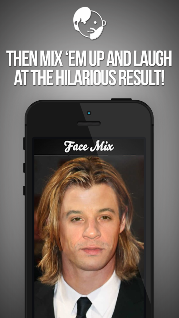 Combine Two Faces With FaceMix - A smartphone screen showing a hilarious face blend result in the FaceMix app