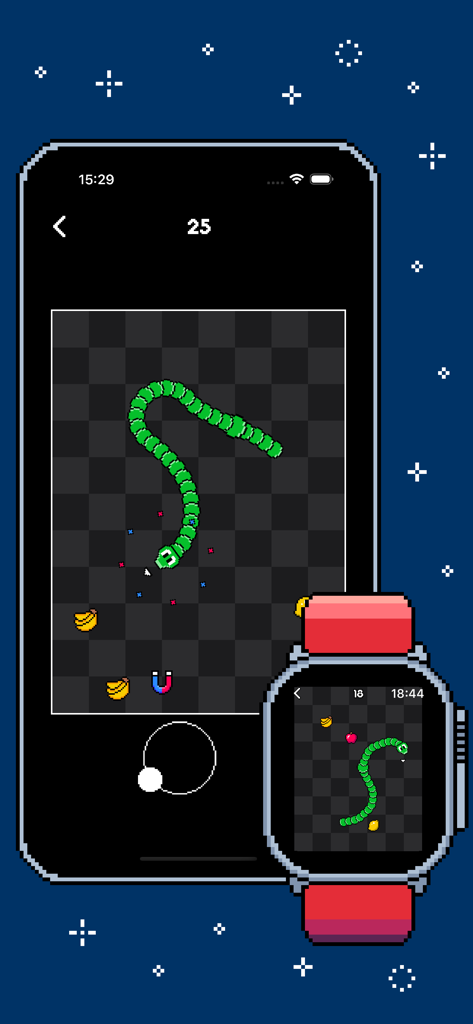 Jogo retrô Fruity Snake exibido nas telas do iPhone e Apple Watch