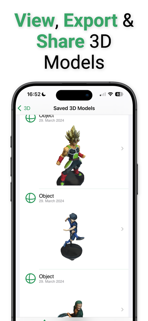 アニメフィギュアの保存された3Dスキャンリストを表示し、エクスポートおよび共有オプションを備えたモバイルアプリインターフェイス。