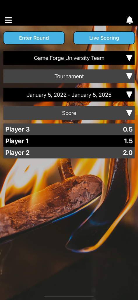 GameForge - GameForge app interface showing live tournament scores and player rankings for a golf team.