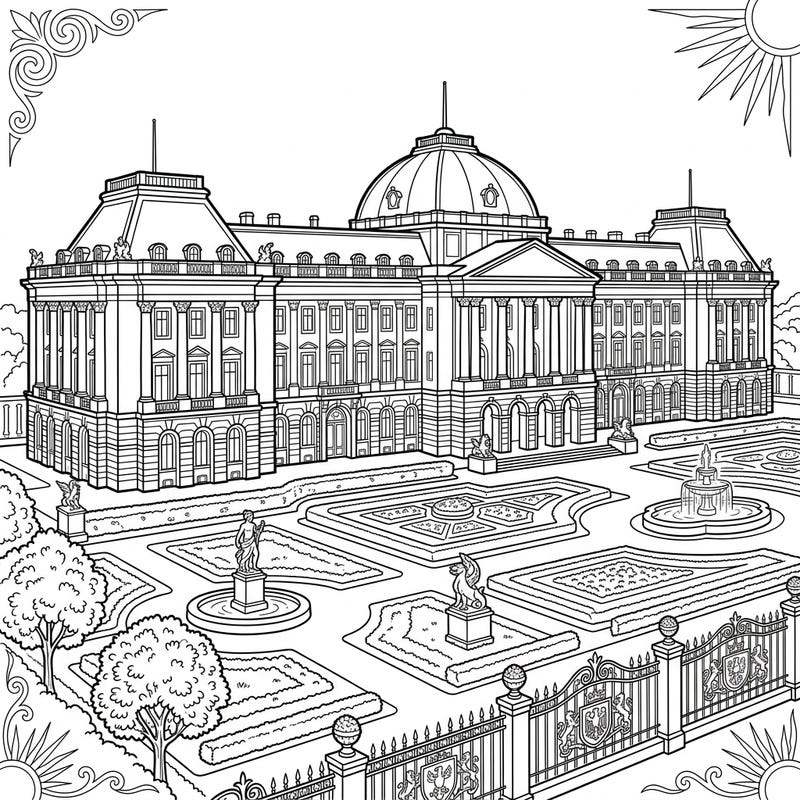 Embark on an architectural adventure with this stunning Presidential Palace coloring page. Discover intricate details of a grand official residence, from stately columns to manicured gardens, ready for your creative touch.