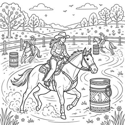 Experience the exhilarating world of barrel racing set against the beauty of a vibrant spring day. This dynamic coloring page captures rodeo athletes skillfully guiding their horses around the barrels.