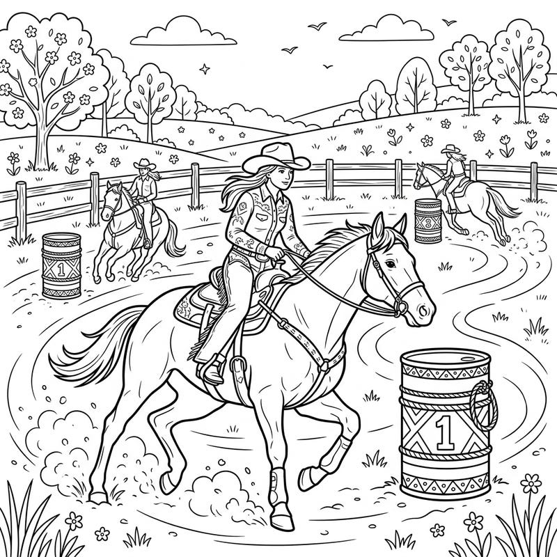 Experience the exhilarating world of barrel racing set against the beauty of a vibrant spring day. This dynamic coloring page captures rodeo athletes skillfully guiding their horses around the barrels.