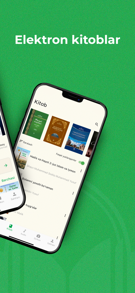 Smartphone screen displaying the Hilol eBook library interface with a selection of Uzbek religious books
