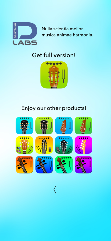 Classical Guitar Tuner Basic - A screen displaying the full version upgrade and a collection of other instrument tuner apps from Daikyouju Labs.