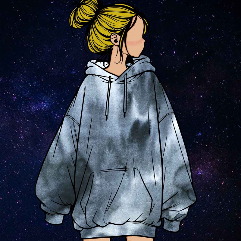 realistic girl with a oversized sweatshirt on and a bun