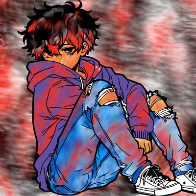 a male hoddie ripped jeans messy hair anime