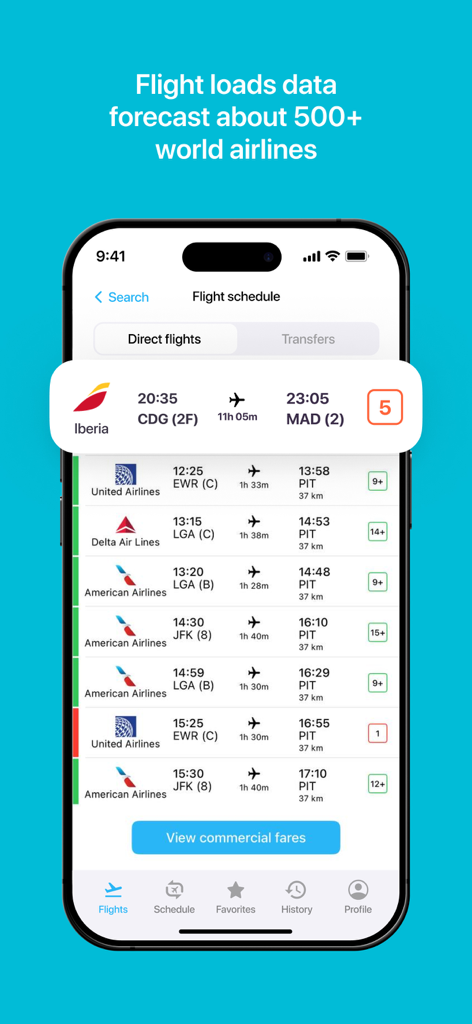 Mobile App-Bildschirm mit Flugplänen und Sitzplatzverfügbarkeitsdaten für Standby-Flugpersonalreisen