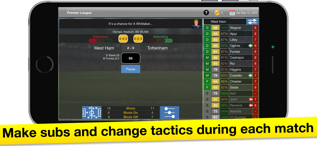 Soccer Boss: Football Game - Captura de pantalla dentro del juego de Soccer Boss que muestra la gestión del partido con sustituciones de jugadores y ajustes tácticos durante un partido de fútbol