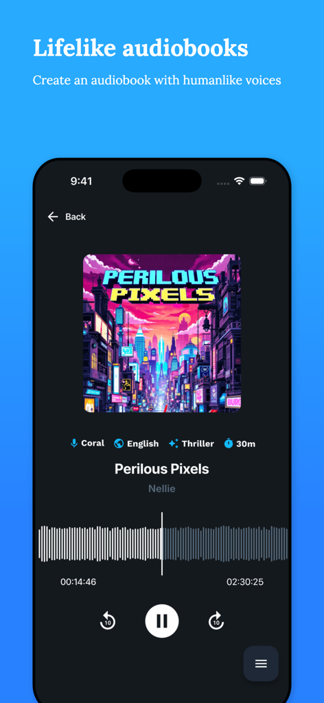 AI Book Writer - Nellie - The Nellie AI Book Writer app interface showing a lifelike audiobook player for a thriller novel.