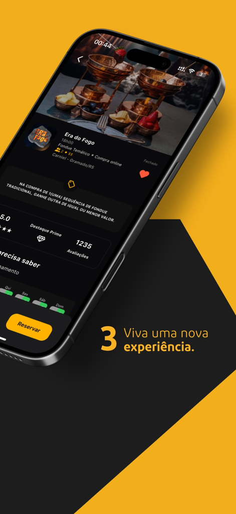Interface do aplicativo Prime Gourmet Club mostrando uma oferta Compre Um, Ganhe Um de fondue em um restaurante de luxo